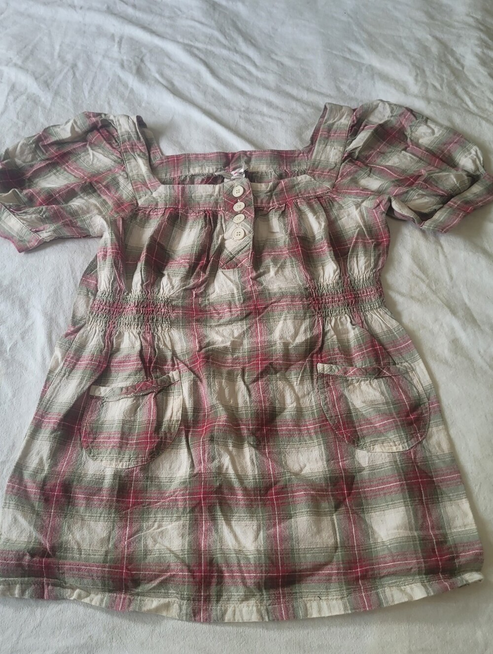 Y2K Babydoll Tunic Blouse Medium Red Gray Plaid Tieback Preppy Pockets Grunge